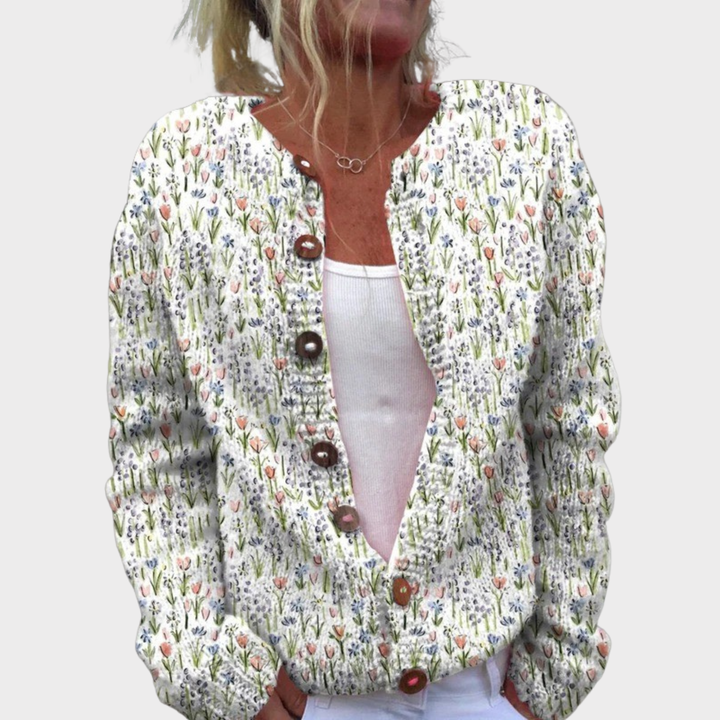 Spring Meadows Floral Repeat Pattern Printed Buttoned Cardigan Sweater