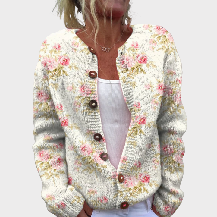 Pink Rose Florets Print | Buttoned Cardigan Sweater